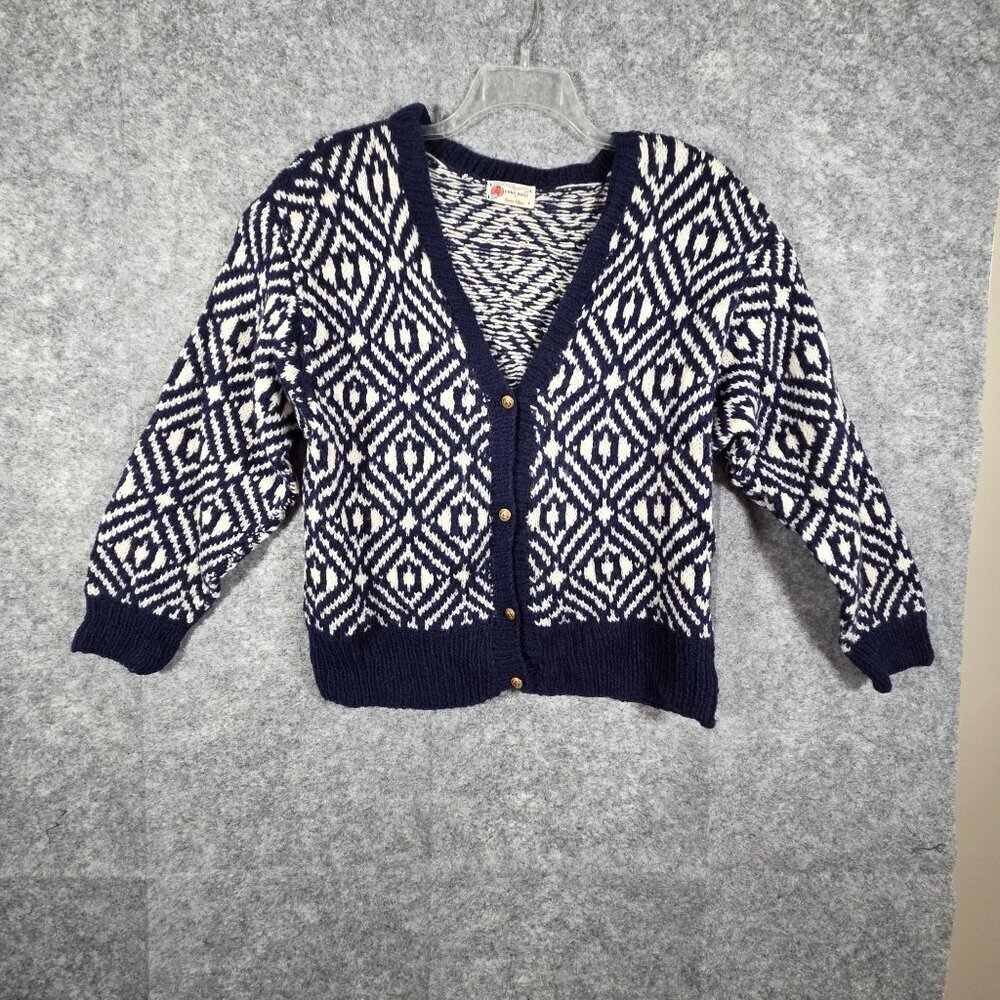 Kerry Ellen Women's Handmade Cardigan Sweater Blue White Geometric Print size XL